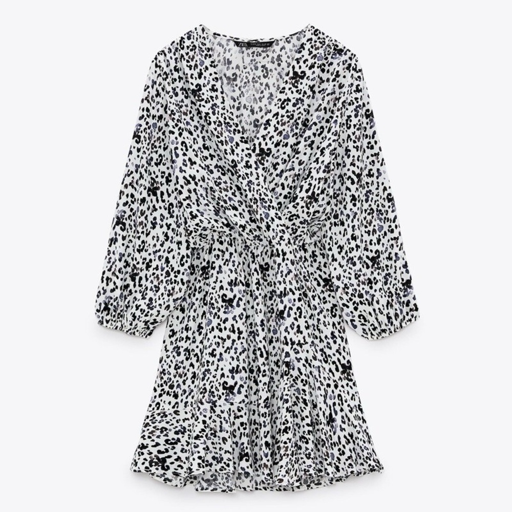 Asos | Leopard Wrap Dress Womens Size 8 Beige Pleated Mini Long Sleeves V-neck